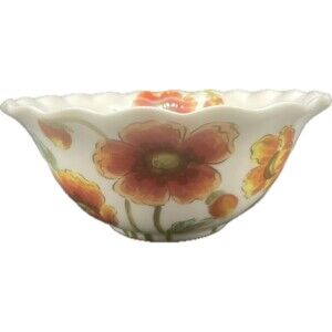Maxcera WATER POPPY Orange Yellow Green Flower Large Scalloped Serving Bowl  12”